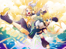 Rule 34 | 1boy, 1girl, blonde hair, brother and sister, detached sleeves, hair ribbon, kagamine len, kagamine rin, koyama rikako, necktie, one eye closed, open mouth, ribbon, short hair, shorts, siblings, smile, twins, vocaloid, wink, yellow necktie