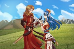 Rule 34 | 1boy, 1girl,  vidalralph, blue eyes, blue hair, blush, box, brown eyes, brown hair, cloud, cloudy sky, engagement ring, fire emblem, fire emblem: the binding blade, hand on own hip, holding, holding box, jewelry, lilina (fire emblem), mountains, nintendo, plains, marriage proposal, red headwear, ring, rutger (fire emblem), sky, smile, sword, weapon