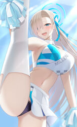 Rule 34 | 1girl, asuna (blue archive), bare shoulders, blonde hair, blue archive, blue eyes, blue ribbon, blue sky, blush, breasts, cheerleader, cleavage, criss-cross halter, hair over one eye, hair ribbon, halo, halterneck, holding, holding pom poms, large breasts, light brown hair, long hair, looking at viewer, millennium cheerleader outfit (blue archive), miniskirt, navel, open mouth, panties, pleated skirt, pom pom (cheerleading), pom poms, ribbon, skirt, sky, smile, solo, split, sports bra, thighhighs, thighs, underwear, very long hair, white skirt, white thighhighs, yumeneko nyaa