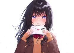Rule 34 | 1girl, :&lt;, black hair, blazer, blush, bow, bowtie, brown jacket, closed mouth, commentary request, crying, crying with eyes open, envelope, heart, holding, holding envelope, jacket, letter, long hair, long sleeves, looking at viewer, love letter, open clothes, open jacket, original, purple eyes, red bow, red bowtie, simple background, sleeves past wrists, solo, tears, upper body, white background