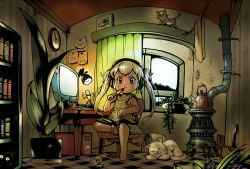 Rule 34 | angry, azito7, barefoot, blonde hair, book, cat, child, computer, computer keyboard, long hair, monitor, oekaki musume, original, pen, room, solo, twintails