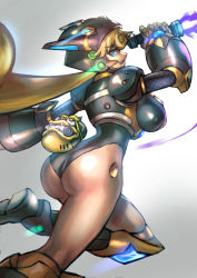 Rule 34 | 1girl, android, ass, blonde hair, blue eyes, breasts, commentary, energy blade, english commentary, from behind, highres, holding, holding weapon, jumping, large breasts, leg up, long hair, marino (mega man), mega man (series), mega man x: command mission, mega man x (series), minster (dooke), open mouth, simple background, solo, weapon
