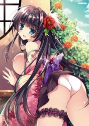 Rule 34 | 1girl, ass, black hair, blouse, blue eyes, blush, braid, breasts, breasts out, cameltoe, female focus, hair ornament, highres, japanese clothes, large breasts, long hair, looking at viewer, looking back, nail polish, nanaroba hana, nipples, no bra, open clothes, open mouth, open shirt, original, shirt, smile, solo
