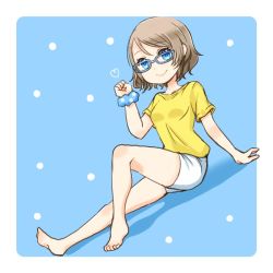 Rule 34 | 1girl, arm support, barefoot, blue-framed eyewear, blue background, blue eyes, blue scrunchie, border, clenched hand, commentary request, glasses, grey hair, hand up, heart, knee up, looking at viewer, love live!, love live! school idol festival, love live! sunshine!!, morimaiko, polka dot, polka dot background, polka dot scrunchie, scrunchie, shirt, short hair, short shorts, short sleeves, shorts, sitting, smile, solo, t-shirt, watanabe you, white border, white shorts, wrist scrunchie, yellow shirt