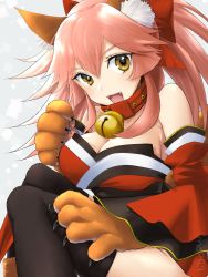 Rule 34 | 1girl, animal ears, animal hands, bell, black thighhighs, breasts, cleavage, collar, fang, fate/grand order, fate (series), fox ears, fox tail, hair ribbon, large breasts, long hair, looking at viewer, mo253, neck bell, open mouth, pink hair, ribbon, solo, tail, tamamo (fate), tamamo cat (fate), tamamo cat (first ascension) (fate), tamamo no mae (fate/extra), thighhighs, yellow eyes