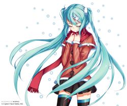 Rule 34 | 1girl, absurdres, aqua eyes, aqua hair, black skirt, boots, brown coat, buttons, closed eyes, coat, hair ornament, happy birthday, hatsune miku, highres, long hair, nissanote, red scarf, scarf, simple background, skirt, smile, snow, solo, thigh boots, thighhighs, twintails, very long hair, vocaloid, white background
