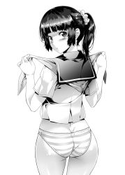 Rule 34 | 1girl, ass, blush, butt crack, cowboy shot, from behind, greyscale, highres, looking back, monochrome, nagayori, no pants, panties, ponytail, school uniform, scrunchie, serafuku, simple background, solo, striped clothes, striped panties, underwear, white background