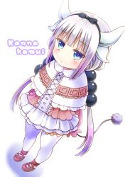 Rule 34 | 10s, 1girl, beads, blue eyes, capelet, character name, commentary request, dragon girl, dragon horns, dragon tail, hair beads, hair ornament, hairband, horns, kanna kamui, kobayashi-san chi no maidragon, light purple hair, long hair, looking at viewer, mary janes, nora wanko, shoes, simple background, slit pupils, solo, tail, thighhighs, white background, white thighhighs, zettai ryouiki