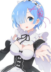 Rule 34 | 1girl, :d, apron, black dress, black ribbon, black sleeves, blue eyes, blue hair, breasts, cleavage, commentary request, dated, detached sleeves, dress, hair ornament, hair over one eye, hair ribbon, hairclip, highres, juliet sleeves, long sleeves, looking at viewer, medium breasts, neck ribbon, neki (wakiko), open mouth, outstretched arm, pink ribbon, puffy sleeves, re:zero kara hajimeru isekai seikatsu, rem (re:zero), ribbon, short hair, simple background, smile, solo, twitter username, waist apron, white apron, white background, x hair ornament