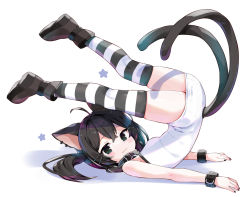 Rule 34 | 1girl, ahoge, amimi, animal collar, animal ears, ankle cuffs, black collar, black eyes, black hair, black nails, boots, breasts, brown footwear, buckle, cat ears, cat girl, cat tail, closed mouth, collar, commission, crossed bangs, dot nose, dress, ear piercing, hair ornament, hairclip, hands on floor, highres, legs up, looking at viewer, lying, multiple tails, nail polish, on back, one side up, original, piercing, platform footwear, shadow, short hair, simple background, skeb commission, sleeveless, sleeveless dress, small breasts, solo, star (symbol), striped clothes, striped thighhighs, tail, thighhighs, thighs, two tails, white background, white dress, wrist cuffs