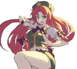 Rule 34 | 1girl, bad id, bad twitter id, bow, braid, chinese clothes, fighting stance, frills, g.t, green eyes, hair bow, hair ornament, hat, hong meiling, long hair, looking at viewer, open mouth, puffy sleeves, red hair, shirt, short sleeves, simple background, skirt, skirt set, smile, solo, star (symbol), touhou, twin braids, vest, white background, wrist cuffs