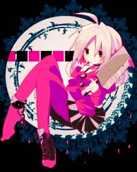 Rule 34 | 1girl, ahoge, black choker, black skirt, blood, bloody weapon, choker, cleaver, closed mouth, expressionless, holding cleaver, invisible chair, jacket, miniskirt, no nose, original, pantyhose, pink blood, pink hair, pink jacket, pink pantyhose, pleated skirt, red eyes, shoes, single shoe, sitting, sketch, skirt, solo, star (symbol), star choker, usagi nui, weapon