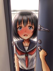 Rule 34 | 1girl, apotea, black hair, blue eyes, blue sailor collar, blue skirt, blush, collarbone, disembodied hand, disembodied hand, doorknob, embarrassed, female focus, have to pee, indoors, looking at viewer, neckerchief, nose blush, open mouth, original, pleated skirt, pov, red neckerchief, sailor collar, school uniform, serafuku, shirt, short hair, short sleeves, skirt, solo, sweat, tears, textless version, upper body, white shirt