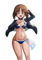 Rule 34 | 1girl, :d, absurdres, anglerfish, artist name, bikini, blue bikini, blue jacket, breasts, brown eyes, brown hair, commentary request, emblem, fish, girls und panzer, hand on own throat, highres, jacket, long sleeves, looking at viewer, medium breasts, military, military uniform, nishizumi miho, no pants, ooarai (emblem), ooarai military uniform, open clothes, open jacket, open mouth, print bikini, salute, short hair, signature, simple background, skindentation, smile, solo, standing, swimsuit, throat microphone, uniform, white background, wind, ydg (eorbsaos1004)