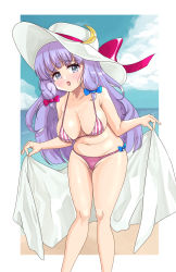 Rule 34 | 1girl, absurdres, beach, belly, bikini, blue bow, blue sky, border, bow, breasts, cloud, collarbone, commentary request, crescent, crescent hat ornament, crescent pin, hair bow, hat, hat ornament, hat ribbon, highres, large breasts, leaning, leaning forward, long hair, looking at viewer, navel, open mouth, ovino mancer, patchouli knowledge, purple eyes, purple hair, red bow, red ribbon, ribbon, sky, solo, sun hat, swimsuit, touhou, towel, very long hair, waist bow, white border