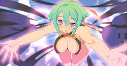 Rule 34 | 10s, 1girl, aquarion (series), aquarion evol, bad id, bad pixiv id, bare shoulders, blade (galaxist), breasts, cleavage, green hair, open mouth, outstretched arms, purple eyes, short hair, solo, uneven eyes, zessica wong