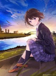Rule 34 | 1girl, akamoku, banned artist, black jacket, blue sky, bridge, brown hair, building, closed mouth, collared shirt, commentary, day, grass, hair between eyes, hands on own knees, highres, jacket, knees up, light blush, looking at viewer, neckerchief, outdoors, plaid, plaid skirt, purple eyes, purple neckerchief, purple skirt, river, school uniform, shirt, sitting, skirt, sky, smile, solo, stairs, sunset, twitter username, white shirt