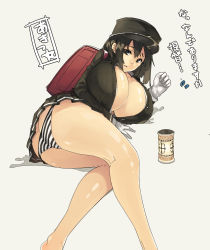 Rule 34 | 10s, 1girl, akitsu maru (kancolle), arm support, ass, black eyes, black hair, breasts, cleavage, cup, gloves, hat, highres, huge breasts, kantai collection, legs, long hair, muneneko, panties, simple background, solo, striped clothes, striped panties, thighs, translation request, underwear, white background