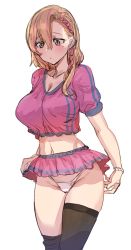 Rule 34 | 1girl, black thighhighs, blonde hair, blush, bow (bhp), breasts, cleavage, closed mouth, cropped shirt, earrings, hair between eyes, jewelry, large breasts, looking down, microskirt, mole, mole under eye, multicolored hair, original, panties, pink hair, pink shirt, shirt, simple background, skirt, solo, standing, streaked hair, stud earrings, thighhighs, two-tone hair, undersized clothes, underwear, white background, white panties, wristband