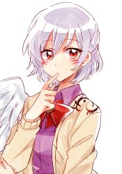 Rule 34 | 1girl, 6 (yuchae), bow, bowtie, dress, finger to mouth, jacket, kishin sagume, long sleeves, looking at viewer, open clothes, purple dress, red eyes, shirt, short hair, silver hair, single wing, solo, touhou, wings
