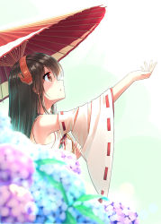 Rule 34 | 1girl, bare shoulders, black hair, brown eyes, detached sleeves, flower, haruna (kancolle), headgear, holding, holding umbrella, hydrangea, kantai collection, kuro-kun (nablack), long hair, nontraditional miko, oil-paper umbrella, outstretched arm, simple background, solo, umbrella, upper body, white background