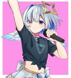 Rule 34 | 1girl, absurdres, amane kanata, arm up, black shirt, blue hair, blue wings, blush, closed mouth, commentary, eyes visible through hair, feathered wings, front-tie top, grey hair, hair over one eye, hand up, highres, holding, holding microphone, hololive, hololive idol uniform, microphone, mini wings, multicolored hair, nanana narang, navel, pink background, pleated skirt, purple eyes, shirt, short sleeves, single hair intake, skirt, smile, solo, tied shirt, two-tone background, two-tone hair, virtual youtuber, white background, white skirt, white wings, wings
