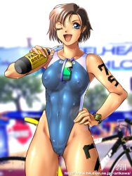 Rule 34 | 1girl, abs, bicycle, blue eyes, bottle, breasts, brown hair, cameltoe, competition swimsuit, covered erect nipples, female pubic hair, hand on own hip, highleg, highleg swimsuit, hip focus, medium breasts, muscular, nipples, non-web source, one-piece swimsuit, one eye closed, pubic hair, pussy, qkat (arikawa-dou), see-through, short hair, skin tight, sky, solo, sports sunglasses, sunglasses, sweat, swimsuit, watch, water bottle, wet, white sky, wink, wristwatch
