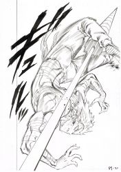 Rule 34 | 1boy, absurdres, blood, bodysuit, dynamic pose, fighting, garou (one-punch man), greyscale, highres, injury, jumping, male focus, monochrome, motion blur, murata yuusuke, numbered, official art, one-punch man, polearm, scan, solo, spear, traditional media, weapon