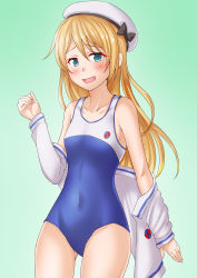 Rule 34 | 1girl, anti (untea9), blonde hair, blue eyes, commentary request, cowboy shot, dress, flat chest, gradient background, green background, hat, high school fleet, highres, jacket, jervis (kancolle), kantai collection, looking at viewer, open clothes, open jacket, open mouth, sailor dress, sailor hat, school swimsuit, solo, standing, swimsuit, two-tone swimsuit, white hat, white jacket