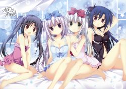 Rule 34 | 10s, 4girls, :d, absurdres, airi (alice or alice), alice or alice, arm behind head, babydoll, barefoot, between legs, black hair, black ribbon, blue bow, blue hair, blush, bow, breasts, brown eyes, cleavage, closed mouth, collarbone, feet, frills, green eyes, hair bow, hair ribbon, hand between legs, head tilt, highres, huge filesize, kisaki (alice or alice), korie riko, lens flare, light purple hair, long hair, looking at viewer, medium breasts, multiple girls, navel, official art, open mouth, parted lips, purple eyes, red bow, ribbon, rise (alice or alice), scan, siblings, silver hair, sisters, sitting, small breasts, smile, star (symbol), twins, twintails, two side up, underwear, underwear only, v arms, very long hair, yamiri (alice or alice)