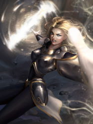 Rule 34 | 1girl, armor, battle, blonde hair, blue eyes, blurry, boobplate, breastplate, breasts, deardd, depth of field, faulds, highres, league of legends, lux (league of legends), magic, medium breasts, outstretched arm, tagme, v-shaped eyebrows, waist cape, wand