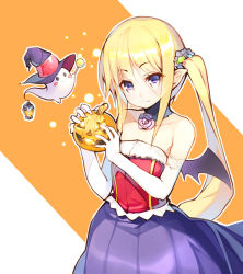 Rule 34 | 1girl, bare shoulders, blonde hair, blue eyes, candy, dress, elbow gloves, food, ghost, gloves, hair ornament, halloween, hat, jack-o&#039;-lantern, lantern, long hair, looking at viewer, nekomu, original, pointy ears, pumpkin, scrunchie, side ponytail, simple background, smile, solo, trick or treat, white gloves, wings, witch hat