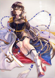 Rule 34 | 1girl, absurdres, anchor symbol, artist name, azur lane, boots, breasts, brown dress, brown hair, buttons, coat, double-breasted, dress, epaulettes, full body, gloves, gold belt, hand in own hair, highres, historical name connection, horns, large breasts, long hair, looking at viewer, mahos san, mikasa (azur lane), mikasa (battleship), name connection, open clothes, open coat, orange eyes, sakuramon, short dress, simple background, solo, very long hair, white coat, white footwear, white gloves