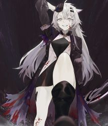 Rule 34 | 1girl, animal ears, arknights, bare legs, black background, black coat, black dress, black footwear, black gloves, blood, blood on clothes, blood on face, boots, breasts, coat, commentary, cowboy shot, dress, fangs, gloves, grin, hair between eyes, hand on own head, highres, koio, lappland (arknights), lappland (refined horrormare) (arknights), long hair, looking at viewer, material growth, medium breasts, official alternate costume, open clothes, open coat, oripathy lesion (arknights), pale skin, pink eyes, short dress, silver hair, simple background, smile, solo, sword, thighs, torn clothes, torn coat, weapon, wolf ears
