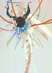 Rule 34 | 1girl, artist name, bare legs, barefoot, black hair, blue flower, blue hair, bone, bouquet, commentary request, dated, dress, facing down, floating hair, flower, full body, highres, holding, holding bouquet, multicolored hair, original, short sleeves, solo, streaked hair, toes, twintails, white dress, xilmo