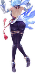 Rule 34 | 1girl, ass, ass focus, back, bare shoulders, blue hair, bodystocking, breasts, chinese clothes, detached sleeves, facing away, floating hair, from behind, ganyu (genshin impact), genshin impact, hands up, high heels, highres, horns, jumping, long hair, simple background, solo, tassel, thighlet, uenoryoma, vision (genshin impact), white background