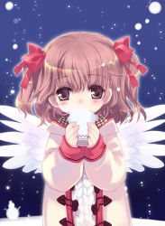 Rule 34 | 1girl, blush, brown eyes, brown hair, coat, cup, drinking, eyebrows, holding, ikusabe lu, long sleeves, looking at viewer, night, original, plaid, plaid scarf, scarf, snow, snowing, snowman, solo, twintails, two side up, wings