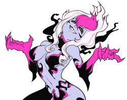 Rule 34 | 1girl, black sclera, claws, colored sclera, estyy, evelynn (league of legends), hair between eyes, highres, league of legends, long hair, multicolored hair, navel, parted lips, pink hair, smile, solo, teeth, unfinished, white hair, yellow eyes
