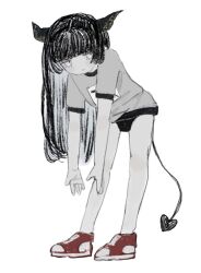 Rule 34 | 1girl, black buruma, black horns, blunt bangs, buruma, closed mouth, demon girl, demon tail, expressionless, full body, grey eyes, grey shirt, gym shirt, gym uniform, highres, horns, hougetsu (moon neetcat), leaning forward, long hair, looking at viewer, original, red footwear, shirt, shoes, short sleeves, simple background, sneakers, solo, standing, tail, white background, white shirt