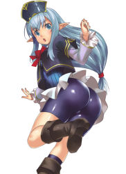 Rule 34 | 00s, 1girl, :o, ass, bike shorts, blue hair, blue socks, boots, bow, elf, elvaan, final fantasy, final fantasy xi, hat, kneehighs, latex, long hair, looking at viewer, looking back, nakamura yukitoshi, open mouth, pointy ears, prishe, simple background, socks, solo, upskirt, white background
