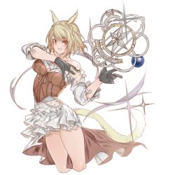 Rule 34 | 1girl, animal ears, astrologian (final fantasy), bare shoulders, black gloves, blonde hair, blush, breasts, brown eyes, card, cat ears, cat tail, cropped legs, detached sleeves, final fantasy, final fantasy xiv, frills, gloves, kochiya (gothope), looking at viewer, medium breasts, miqo&#039;te, smile, solo, swept bangs, tail, white background