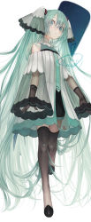 Rule 34 | 1girl, adapted costume, aqua eyes, aqua hair, aqua nails, aqua necktie, arms at sides, bare shoulders, black footwear, black gloves, black thighhighs, closed mouth, dress, eyelashes, fingernails, flat chest, full body, gloves, hatsune miku, high collar, highres, knees together feet apart, long hair, looking at viewer, mizutame tori, musical note, musical note print, nail polish, necktie, off-shoulder dress, off shoulder, pleated dress, see-through, see-through legwear, see-through sleeves, sheer gloves, shoes, sideways glance, simple background, solo, staff (music), standing, standing on one leg, straight hair, tareme, thighhighs, treble clef, twintails, very long hair, vocaloid, white background, wide-eyed, wide sleeves, zettai ryouiki