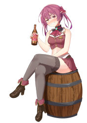 Rule 34 | 1girl, alcohol, ascot, bare shoulders, barrel, black thighhighs, blush, bottle, buttons, character name, crossed legs, drink, full body, hair ornament, heterochromia, high heels, highres, holding, holding bottle, holding drink, hololive, houshou marine, legs, liquor, looking at viewer, midriff, miniskirt, navel, no eyepatch, no headwear, no headwear, pink hair, red eyes, red skirt, shoes, sitting, skirt, smirk, solo, starkamisan, teeth, thighhighs, twintails, v-shaped eyebrows, virtual youtuber, white background, yellow eyes