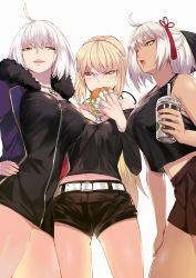Rule 34 | 3girls, ahoge, artoria pendragon (all), artoria pendragon (fate), belt, black bow, black coat, black dress, black shorts, black skirt, black tank top, blonde hair, blush, bow, braid, breast envy, breasts, burger, coat, collarbone, cup, dark-skinned female, dark skin, dress, eating, fate/grand order, fate (series), food, french braid, fur-trimmed coat, fur trim, grey eyes, hair between eyes, hair bow, hands on own hips, highres, hip focus, jeanne d&#039;arc (fate), jeanne d&#039;arc alter (fate), jeanne d&#039;arc alter (ver. shinjuku 1999) (fate), jewelry, large breasts, long hair, long sleeves, medium breasts, midriff, multiple girls, necklace, official alternate costume, ohland, okita souji (fate), okita souji alter (fate), okita souji alter (first ascension) (fate), open clothes, open coat, open mouth, pleated skirt, ponytail, saber alter, saber alter (ver. shinjuku 1999) (fate), short dress, short hair, shorts, simple background, skirt, smile, smug, tank top, tassel, thighs, white background, white hair, wicked dragon witch ver. shinjuku 1999, yellow eyes