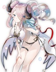 Rule 34 | 10s, 1girl, bikini, blue eyes, braid, breasts, cleavage, demon horns, double bun, draph, earrings, fuotchan, granblue fantasy, hair bun, hair ornament, hair over one eye, hand on leg, hand on own thigh, highres, horns, jewelry, large breasts, leaning forward, light purple hair, light smile, long hair, looking at viewer, narmaya (granblue fantasy), narmaya (summer) (granblue fantasy), navel, pointy ears, sideboob, skindentation, smile, solo, stomach, swimsuit, thigh strap, thighs, twin braids, white bikini