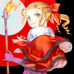 Rule 34 | blonde hair, blue eyes, cape, curly hair, fire, fur trim, gloves, highres, jelanda, looking at viewer, ponytail, purple gloves, ribbon, scepter, solo, tanokura mon, valkyrie profile (series)
