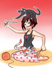 Rule 34 | 1girl, animal, animal on head, barefoot, black eyes, black shirt, blush, breasts, cat, cat on head, cat teaser, cleavage, collarbone, drantyno, heart, heart print, highres, holding, looking up, on head, open mouth, pajamas, pants, pink pants, playing, print pants, print shirt, red background, red hair, roosterteeth, ruby rose, rwby, shirt, short hair, sitting, small breasts, smile, tank top, teeth, yarn, yarn ball