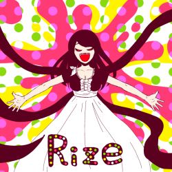 Rule 34 | 10s, 1girl, black sclera, breasts, character name, cleavage, colored sclera, dress, kagune (tokyo ghoul), kamishiro rize, long hair, monster girl, nxgg2b, open mouth, outstretched arm, outstretched arms, red eyes, sharp teeth, smile, solo, teeth, tentacles, tokyo ghoul
