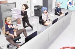 Rule 34 | 4girls, absurdres, ahoge, alternate costume, badge, black choker, black hairband, black necktie, blue eyes, blue shirt, braid, brown eyes, brown hair, choker, commission, commissioner upload, corrin (female) (fire emblem), corrin (fire emblem), cubicle, feather hair, file cabinet, fire emblem, fire emblem: three houses, fire emblem awakening, fire emblem fates, formal, fujoshi, hairband, heart, heart in eye, highres, igni tion, implied pornography, keyboard (computer), lanyard, long hair, long sleeves, low twin braids, low twintails, marianne von edmund, mars symbol, monitor, multiple girls, necktie, nina (fire emblem), nintendo, noire (fire emblem), non-web source, office lady, paper stack, parted bangs, printer, shirt, suit, symbol in eye, talking on phone, tripping, twin braids, twintails, white hair, yaoi