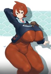Rule 34 | 1girl, alternate breast size, arezu (pokemon), arm behind head, arm up, bodysuit, breasts, brown eyes, brown hair, clothes, covered erect nipples, creatures (company), curvy, female focus, game freak, heart, highres, huge breasts, looking at viewer, nintendo, nipples, pokemon, pokemon legends: arceus, shadow, short hair, sinensian, skin tight, smile, solo